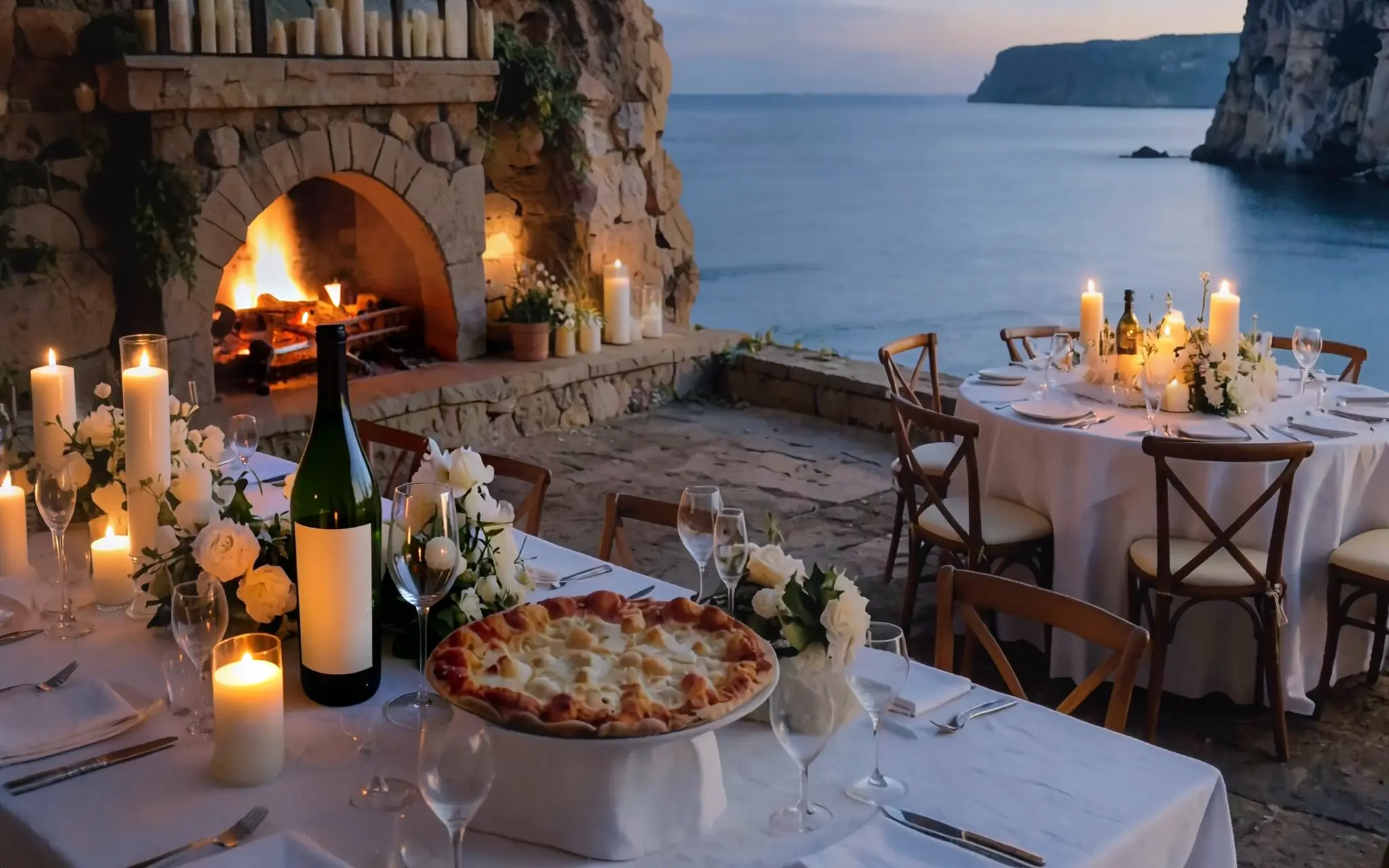 A candlelit table on a cliffside terrace at dusk, a fireplace and the sea beyond (illustrative, generated).