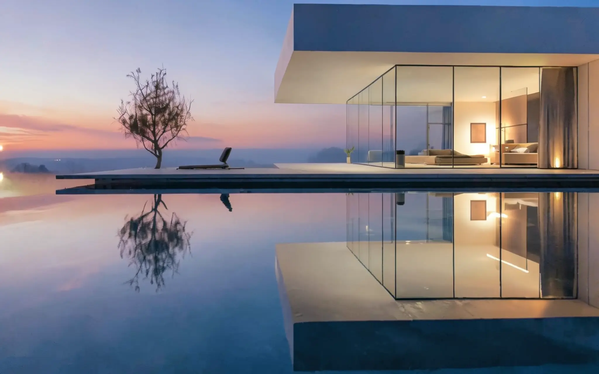 A glass spa pavilion glowing at dusk beside a still reflecting pool and a single tree (illustrative, generated).